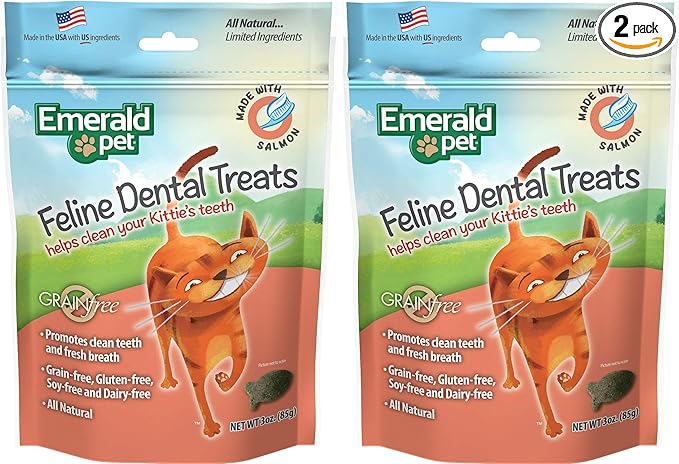 Emerald Pet 2 Pack of Salmon Grain-Free Feline Dental Treats, 3 Ounces Each, Supports Clean Teeth and Fresh Breath