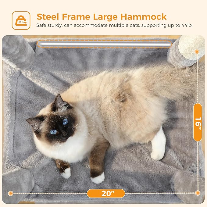 MUTTROS Cat Tree for Large Cats Adult with Metal Plush Big Hammock, 56.3" Cat Tower with 2 Door Condo House, 6-Tier Cat Shelves with Scratching Posts and Large Top Perch, Gray