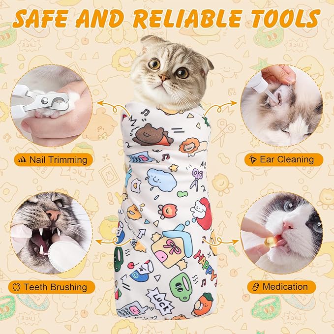 ondware 27.6In Self-Adhesive Cat Grooming Wrap, Anti-Escape Cat Restraint for Nail Clipping, Cat Swaddle Wrapping Cloth for Pet Cleaning & Beauty, for Cats up to 15lbs, Cat Gifts