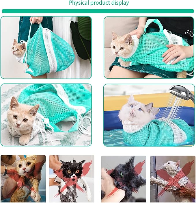 Adjustable Multifunctional Anti-Bite Cat Shower Bag, Mesh Cat Bathing Bag Set, Grey and Green, Care Tools Included
