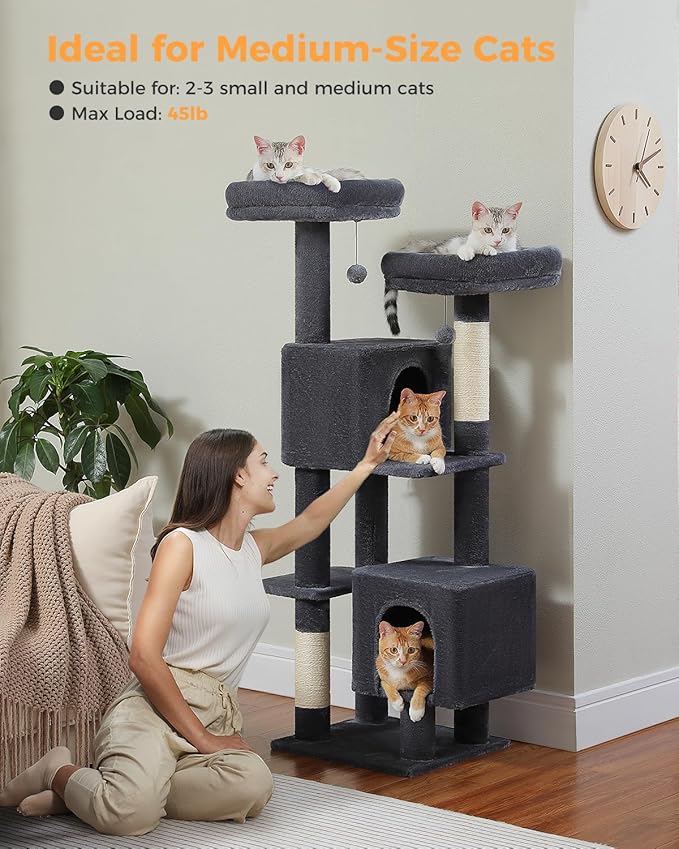 MUTTROS Cat Tree, 52.4" Multilevel Cat Tower for Indoor Cats, Plush Cat Tree House with 2 Padded Perches, 2 Condos & 2 Scratching Posts, Dark Gray