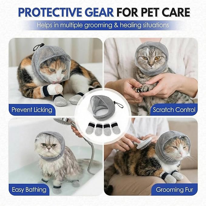 Cat Muzzle - Adjustable Anti-Bite Head Cover, Breathable Cat Grooming Helmet Mask with 4 Anti-Scratch Claw Covers for Nail Trimming, Injections & Bathing