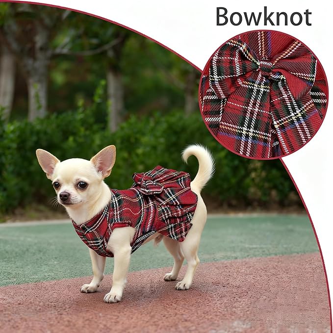 Classic Plaid Dog Dress with Bow Tie for Small Dogs Cats Girls, Cute Puppy Dresses Clothes with Bowknot Chihuahua French Bulldog Pet Apparel Outfits (Cranberry Red, X-Small)