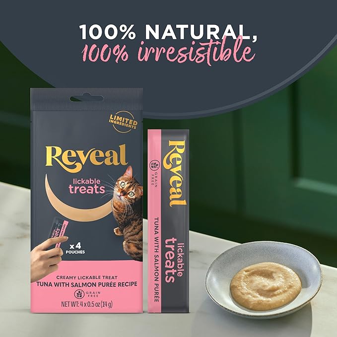 Reveal Natural Creamy Lickable Purée Cat Treats, Grain Free and Made with Limited Ingredients, Tuna Filet with Salmon Recipe Squeeze Up Cat Treats (40 x 0.5 oz Pouches)