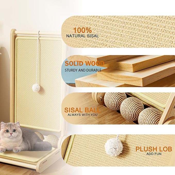 L-Shaped Sisal Cat Scratcher for Indoor Cats,23.6in Vertical Ramp Foldable Scratching Post with Interactive Toy Balls,Natural Sisal Pad Cat Scratching Board for Wall/Couch Furniture Protector