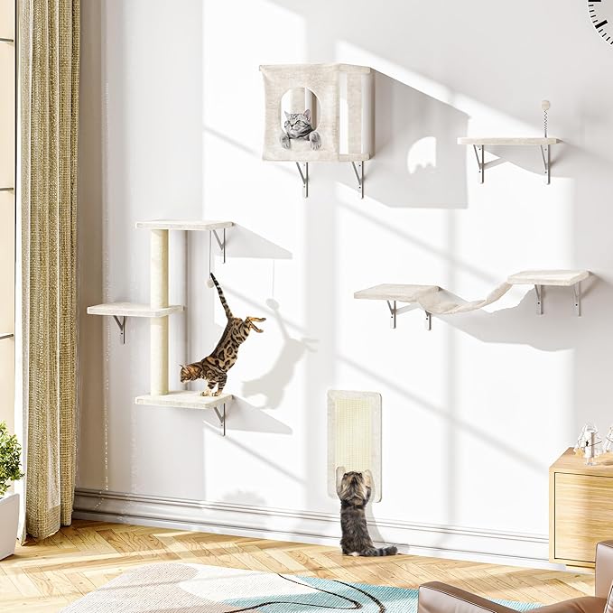 NUNU LAB Cat Wall Shelves, 10-in-1 Wall-Mounted Cat Furniture Set, Large Cat Climber Set with House, Bridge, Steps, Scratcher, DIY Playground, Shelves for Indoor Wall Furniture Set, Beige