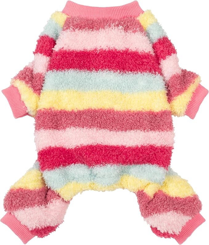Fitwarm Fuzzy Striped Dog Fleece Pajamas, Warm Winter Clothes for Small Dogs Girl, Cozy Pet Outfit with Feet, Pink, Red, Yellow, XS