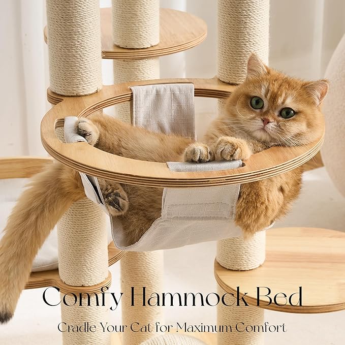 797Audio Modern Solid Wood Cat Tree Tower, 54" Tall Cat Tree with Scratching Posts, Capsule&Hammock, Luxury Natural Oak Wood Cat Tower, Aesthetic Multi-Level Cat Climbing Tree for Large Indoor Cats