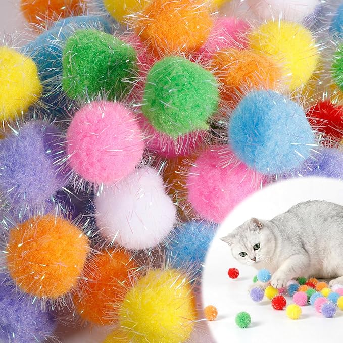 60 Pcs Cat Pom Pom Balls, 1.5 Inch Sparkle Balls for Cats, Assorted Colors, Interactive Glitter Toys for Indoor Cats Exercise & Play