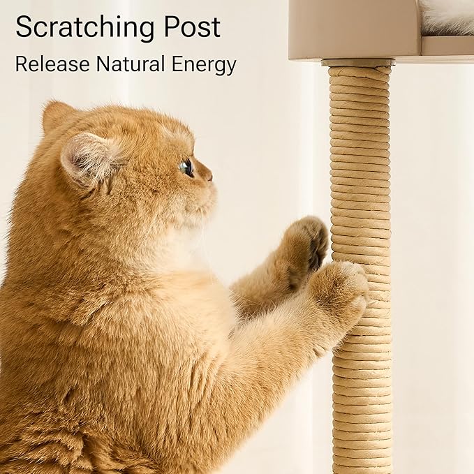 Modern Cat Tree, Wood Cat Tower with Steel Frame, Scratching Posts, Cat Capsule, Plush Mat, Bell Dangling Toy, Aesthetic Minimalist Heavy-Duty Cat Climbing Tree for Large Indoor Adult Cats-Khaki