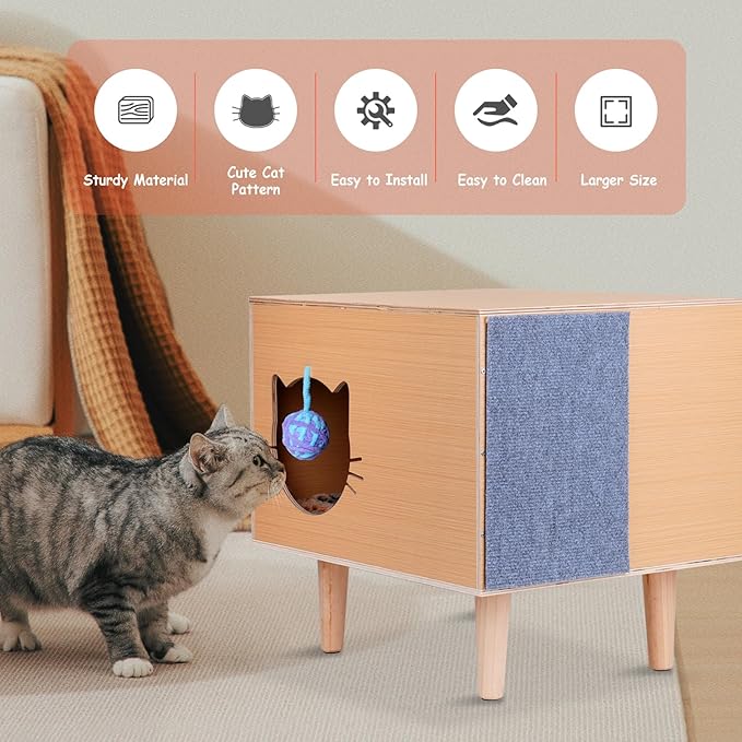Cat House for Indoor Cat Bed Cave Wooden Condo with Cushion Scratcher Fluffy Ball Large Kitten Small Animal Stray Cats Hideaway Pet Cube