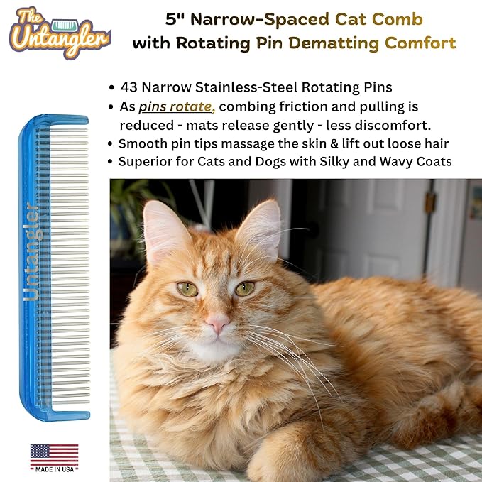 Cat Comb - 5" with ultra fine silky smooth rotating teeth for gentle mat clearing; 7" with dual-spaced teeth, SkyBlue