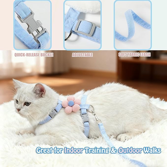 LeLehome Cat Harness and Leash Set Escape Proof Comfortable Lightweight Adjustable Strap for Walking, Travel, Kitten, Puppy (Pink Flower)