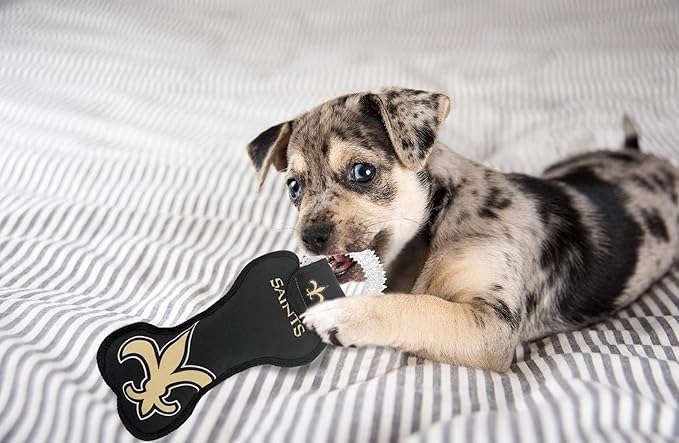Pets First NFL New Orleans Saints Dental Dog TUG Toy with Squeaker. Tough PET Toy for Healthy Fun, Teething & Cleaning Pet's Teeth & Gum.