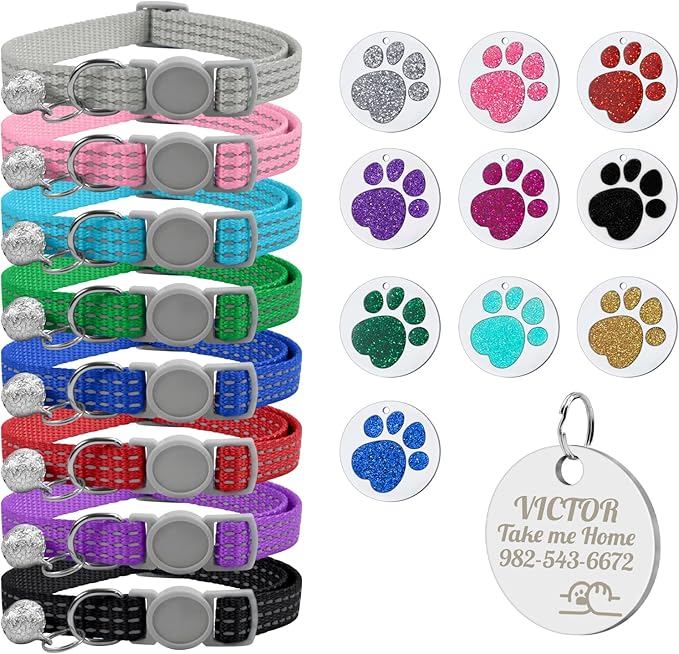 CAMAL Reflective Cat Collar with Name Tag, Personalized Cat Collar Breakaway with Bell, Customized Cat Collar Adjustable for Girls & Boys