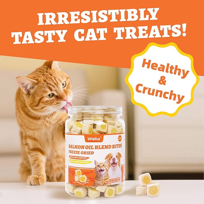 Wellix Freeze-Dried Treats for Dogs and Cats - Salmon Oil Cat Treats for Skin&Coat Health - Crunchy Healthy Kittens Snacks for Indoor Training - Chicken&Fish Oil Flavor 3.53oz