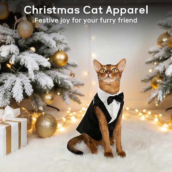 PUMYPOREITY Cat Tuxedo Suit Formal Wear with Bow Tie, Soft Skin-Friendly Cat Costumes for Cats Only, Elegant Outfit for Male Female Cats, Perfect for Wedding Birthday Photo Shoots, M, Black