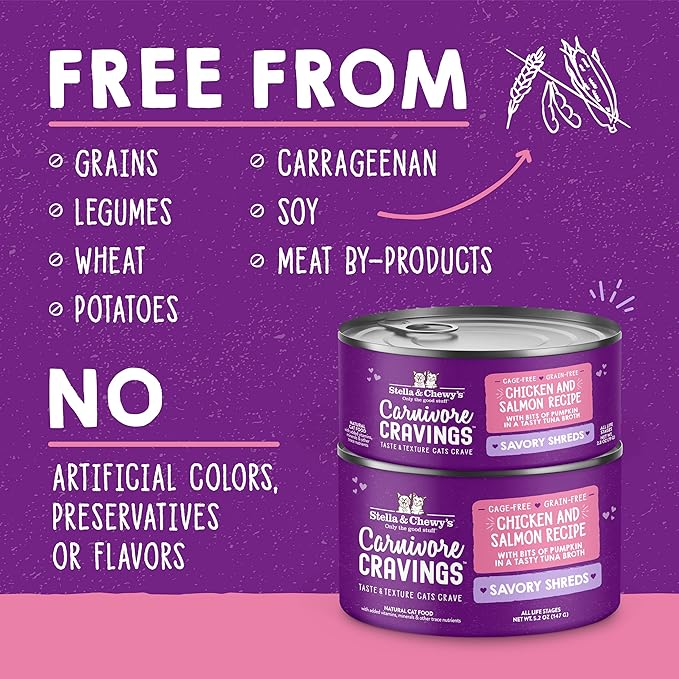 Stella & Chewy's Carnivore Cravings Savory Shreds - Wet Cat Food - High-Moisture Formula with Premium Cage-Free Chicken & Wild-Caught Salmon - Perfect for Picky Eaters - 5.2 oz, 8 Count
