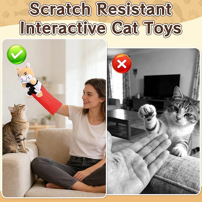 Cat Wrestling Glove - Cat Puppet Wrestler Toy with Tough Padding for Safe Interactive Play, Cat & Dog Wrestling Interactive Toy with Fish Toys, Kids & Pet Safe for Training & Exercise (A)