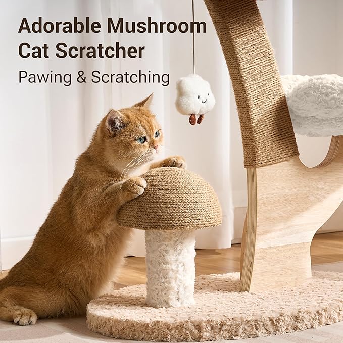 Aesthetic Flower Cat Tree Tower with Scratching Post for Indoor Cats, 30" H Modern Cat Tree with Wood Sculpted Branch, Flower Cat Beds, Mushroom Scratcher & Interactive Squeaky Toy, White
