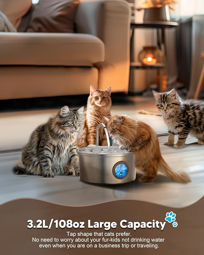 Stainless Steel Cat Water Fountain: Tomxcute 3.2L/108oz Cat Fountain for Drinking, Pet Water Fountain for Cats Inside with Multi-Filter-Water Level Window