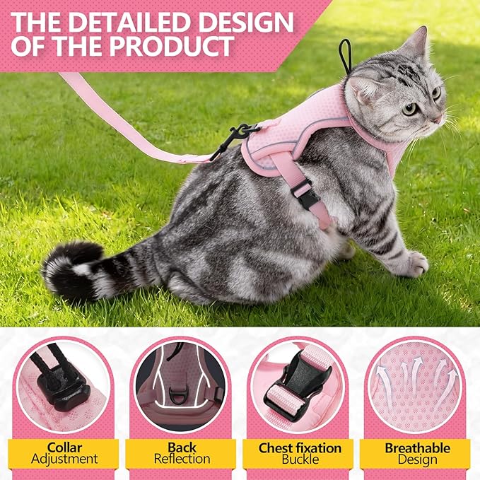 JOHNBOLIN Cat Harness and Leash Set - Escape Proof, Adjustable Breathable Vest Harnesses with Reflective Strips, Easy Control & Secure Walking for Small Medium Large Cats Kitten Collar (Pink, Medium)