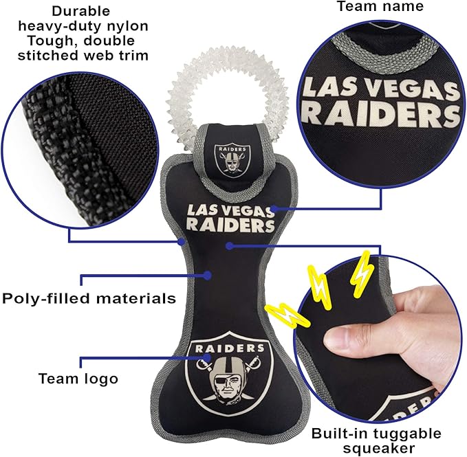 Pets First NFL Las Vegas Raiders Football Dental Tough Dog TUG Bone Toy with Built-in Squeaker Attached to a Safe Rubber Teething Toothbrush PET Toy, Team Color, (OAK-3310), 14 x 5