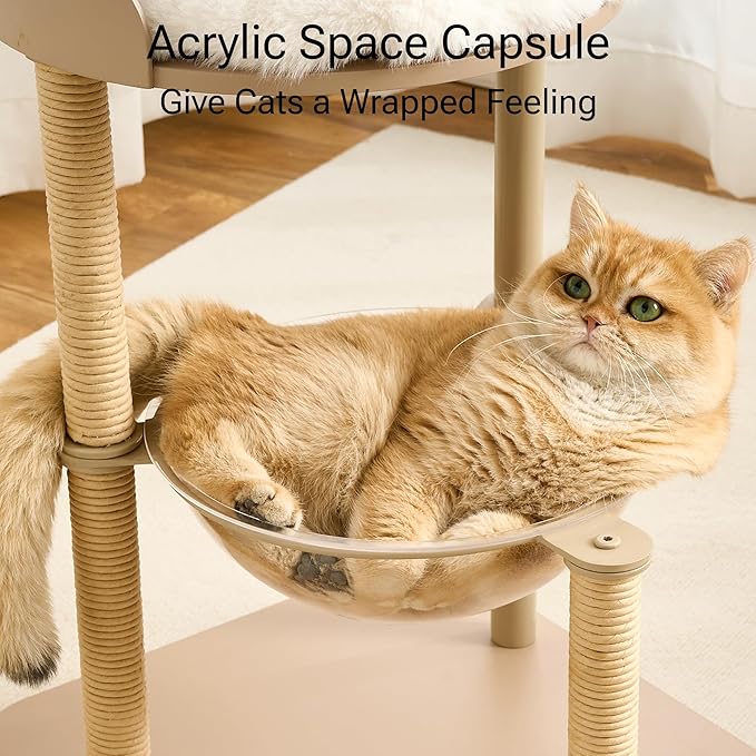 Modern Cat Tree, Wood Cat Tower with Steel Frame, Scratching Posts, Cat Capsule, Plush Mat, Bell Dangling Toy, Aesthetic Minimalist Heavy-Duty Cat Climbing Tree for Large Indoor Adult Cats-Khaki