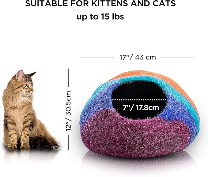 Woolygon Premium Felt Cat Cave Bed – Wool Kitty Beds Handcrafted Kitten Caves Bed for Indoor Cats - Made from Merino Wool, Foldable Cat Hideaway Covered Cat House Pod (Rainbow Twist)