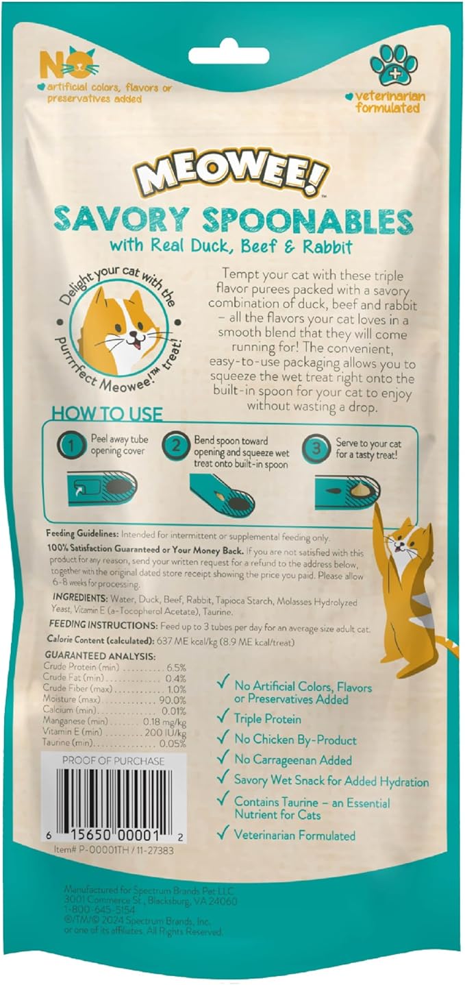 MEOWEE! Savory Spoonables with Real Duck, Beef and Rabbit for Cats, 4 Count, Treat Your Cat to Triple Flavor Squeezable Lickable Wet Treats with Built-in Spoon for Less Mess