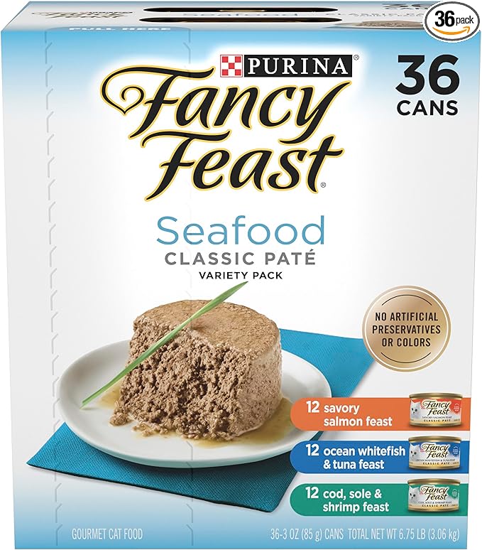 Purina Fancy Feast Seafood Classic Pate Collection Grain Free Wet Cat Food Variety Pack - (Pack of 36) 3 oz. Cans