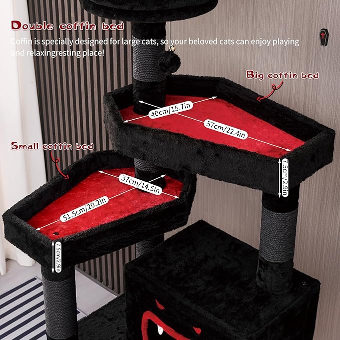 YARUOMY Gothic Cat Tree with Coffin Bed，62.5" Black Cat Tower with Spacious Demon Styled Cat Condo，Cozy Plush Perch, Scratching Posts，Hanging Ball，Multi-Level Cat Activities Furniture for Large Cats