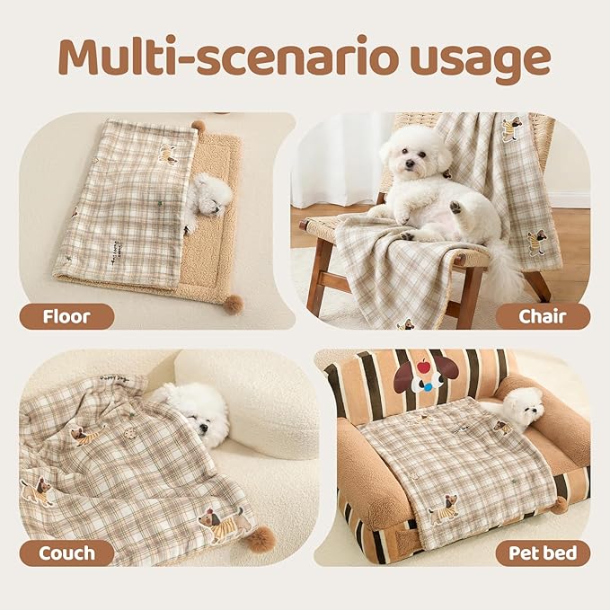 Jiupety Cat Blanket for Indoor Cats Washable Calming Cozy Pet Blankets Cat Throw Blanket with 2 PCS Fluffy Fur Balls Kitten Puppy Blanket for Bed Couch Chair,Brown