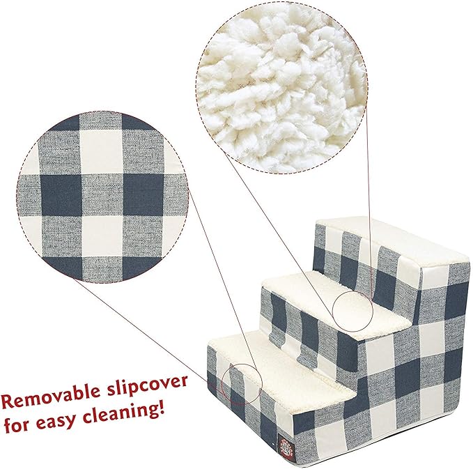 Majestic Pet 3 Step Portable Dog Stairs for Small Dogs to get on Bed Supports 250 lbs or Less – Dog Steps for High Bed with Machine Washable Cover –Pet Stairs for Cats Anderson Check Navy Blue