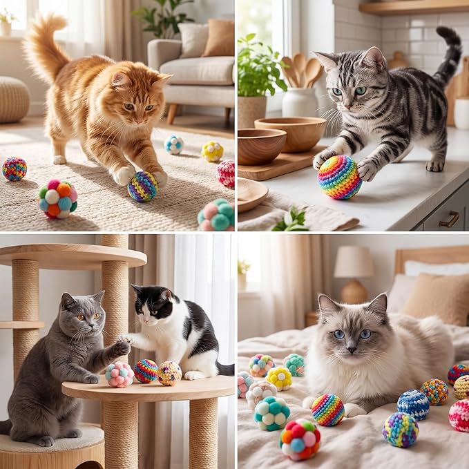 Shappy 16 Pack Cat Toys Balls & Woolen Yarn Cat Ball Toy with Bell Inside, Kitten Toys for Indoor Cats Kitty Fuzzy Cartoon Balls