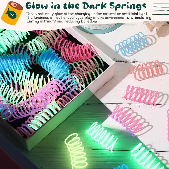 Sosation 24 Pcs Glow in The Dark Springs Cat Toys Kittens Wide Colorful Springs for Indoor Cats Jelly Color Plastic Coil Spiral Interactive Play Kitten Toys for Chase, Hunting and Exercise