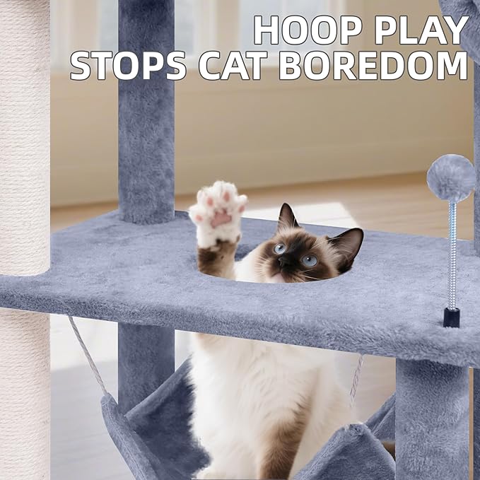 AIWIKIDE Big Cat Tree, Cat Tower with Multi-Level Condo, Hammocks, Rotating Toy (Grey, 70'')