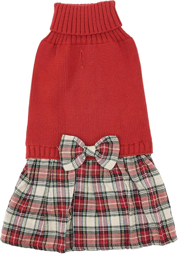 Lanyarco Burgundy Red Knitted Dog Sweater Dress, Plaid Girl Dog Clothes Winter for Small Dogs, Terrier Doggy Pet Apparel, Red, Medium (M)