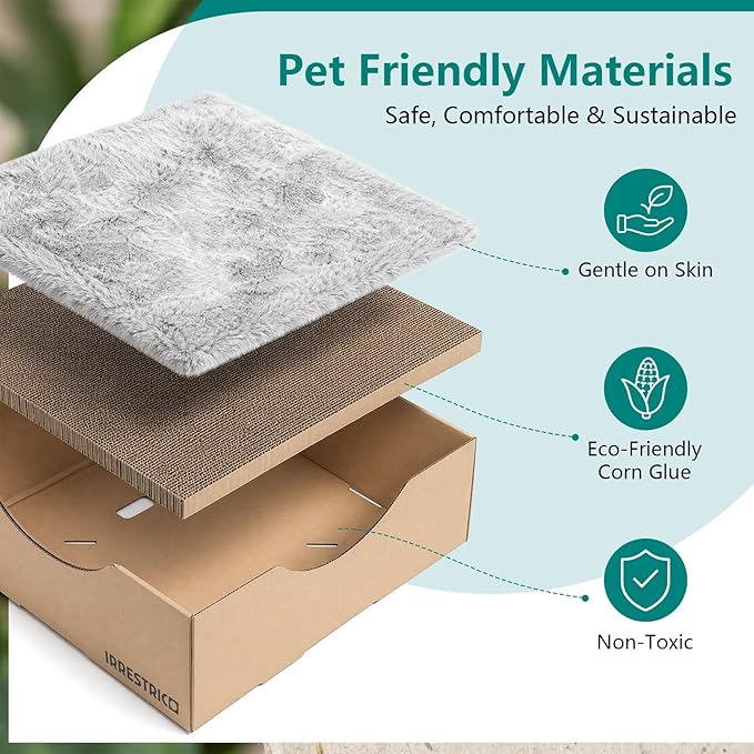 Cardboard Cat House with Replaceable Scratcher & Waterproof Cushion, 2-in-1 Cat Lounge Bed & Scratch Box, Eco-Friendly Cat Furniture Cube Cat Bed for Indoor Cats 13.8"