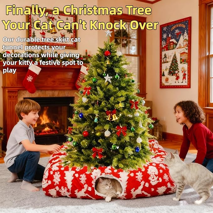 Extra Large Cat Tunnel Bed for Indoor Cats with Warm Mat,Cat Toys Cave Dount Tube for Xmas Decor Red