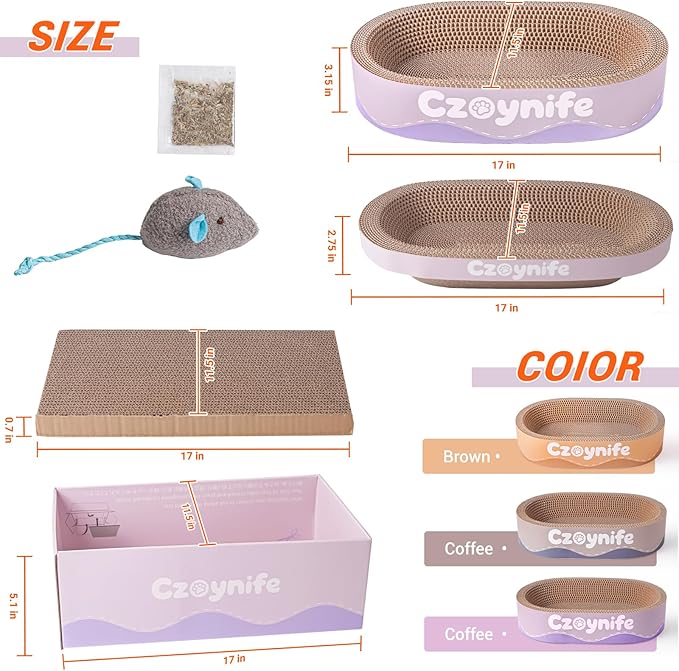 3PCS Cat Scratcher Bed, Oval Cat Scratcher Pad Bowl Nest for Indoor Cats, Round Cat Scratching Cardboard, Furniture Protector for Couch, for Kittens (Purple, 17 * 11.5 in)