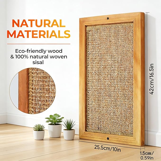 Cat Scratching Post, Natural Wooden Sisal Cat Scratch Pad, Floor or Wall Mounted Vertical Cat Scratcher Mat for Indoor Cats Adults or Kittens, Scratching Board Cat Wall Furniture Protector