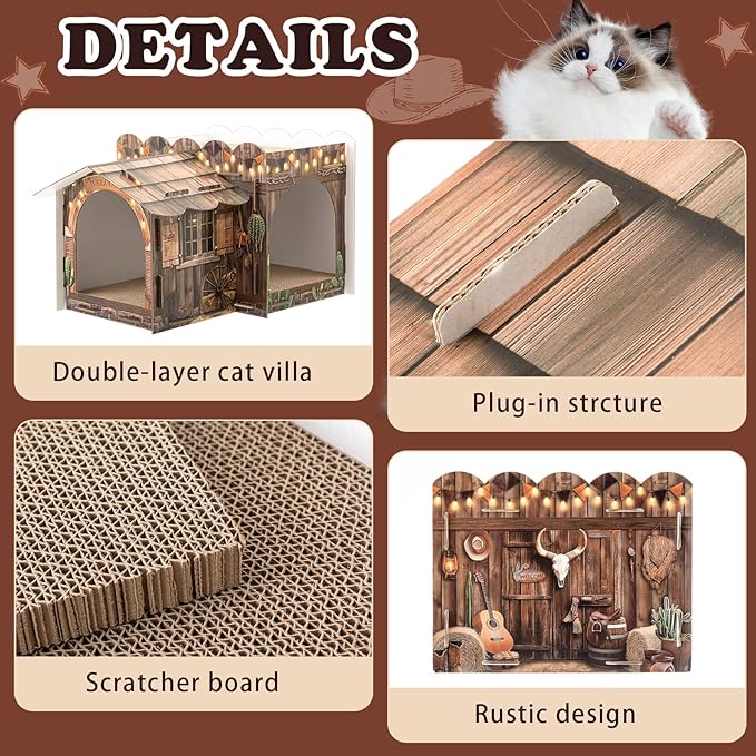Lineshading 2 Story Cardboard Cat House with Scratcher Pad, Multi Level Durable Cat Scratcher House for Small Kitten Bunny Rabbit Animals Christmas Birthday Gift(17x12x10,Western)