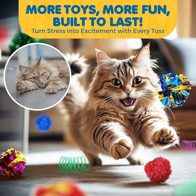 SunGrow Cat Toy Variety Pack, Feline Entertainment for Indoor Kitten, Lightweight, Colorful, Pet Interactive Chase Toys, Activity Tool, Cat’s Supplies & Accessories, 30 Pcs per Pack 