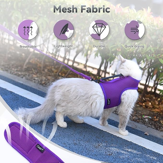 Kitty Harness and Leash for Walking Escape Proof Breathable Mesh Fabric, Purple, Small, Adjustable Cat Walking Jackets with Handle, Padded Stylish Cat Vest
