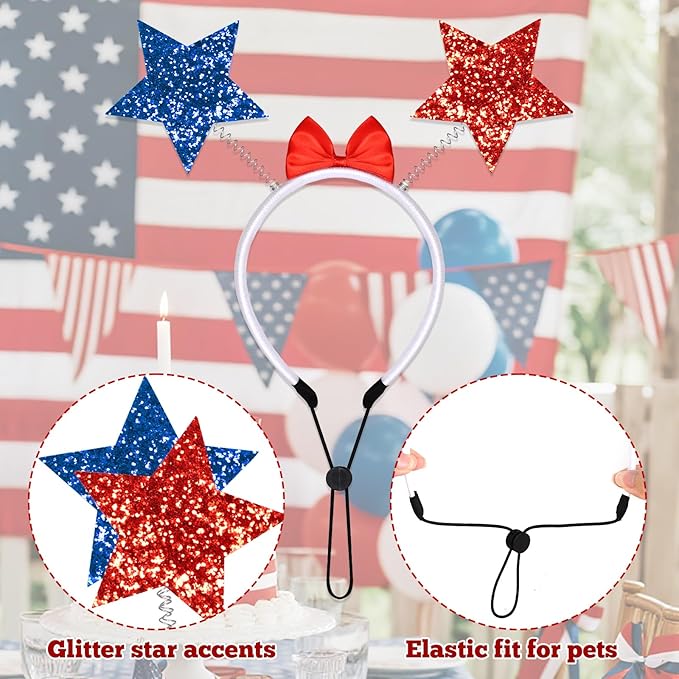 4th of July Dog Outfit, 2 Pcs Patriotic Red White Blue Dog Accessories, Fourth of July Pet Bow Headband and Star Tulle Collar Neck Ruff Set for Small Medium Dogs Cats