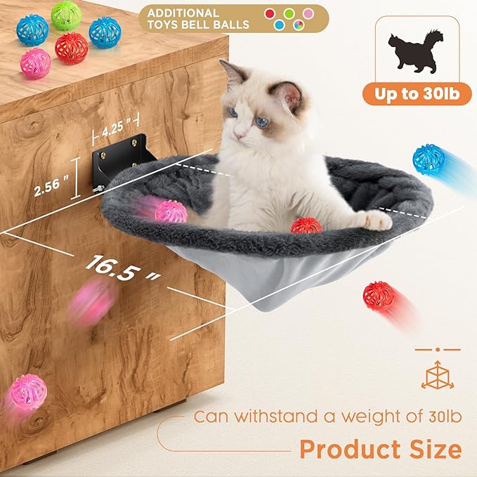 JUNSPOW Cat Hammock Wall Mounted, Foldable & Stable Cat Beds- Breathable Cats Wall Shelves for Sleeping, Playing, Climbing, and Lounging - Maximum Hold Up to 30lb（Gray,Faux Rabbit Fur）