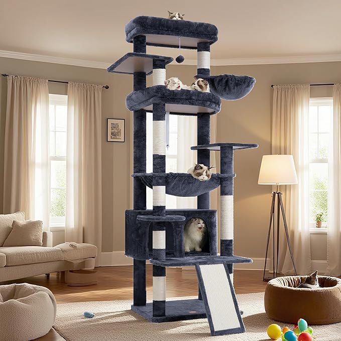 Heybly Tall Cat Tree for Large Cat, 80-inch Multi-Level Cat Tower for Indoor Cats with Large Baseboard, Condo Furniture with 2 Widened Plush Perches,Scratching Board and Big Caves, Smoky Gray HCT038G