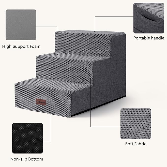 Aodisman Dog Stairs for Small Dogs, 3-Step Wider Pet Stairs for Couch and Beds, Non-Slip Dog Steps for Old Cats, Puppy, Small Medium Dogs,15.7" H,Grey