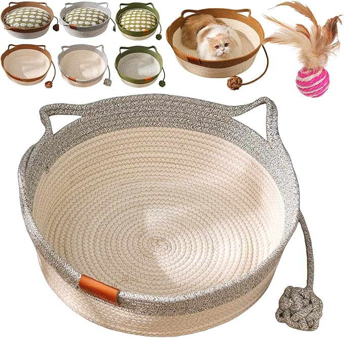 Cat Toy Baskets for Indoor Cats, Cotton Rope Woven Cat Basket Bed, Ergonomic Design with Cat Ear Handles & Interactive Teaser Ball, Soft, Breathable, Scratch-Resistant (Gray,S)